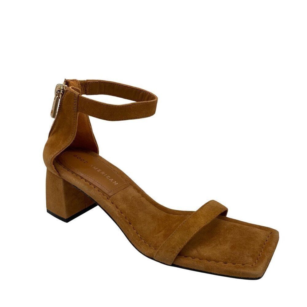 Good American Shoes Sz 5 Tan Suede Ankle Strap Heeled Sandals Block Heel Dressy‎